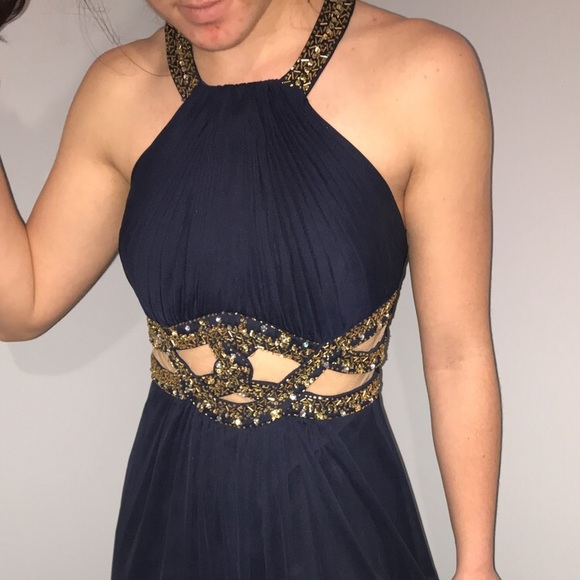 Xscape Dresses Navy Blue And Gold Prom Dress Poshmark